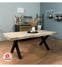 TAVOLO IN LEGNO MASSELLO CON GAMBE A "X" IN FERRO mod. EMMA  col. NERO - COCCO NOCCIOLA