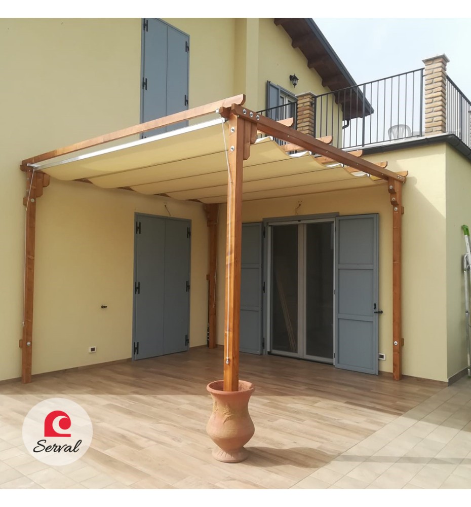 PERGOLA PARASOLE CON TELO SCORREVOLE IMPERMEABILE IN LEGNO MASSELLO col. NOCE