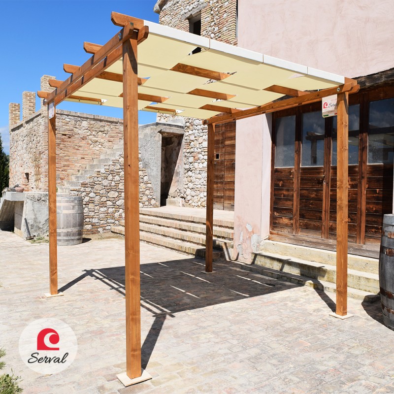 PERGOLA PARASOLE IN LEGNO MASSELLO CON TELO AD ONDA IMPERMEABILE - col. NOCE