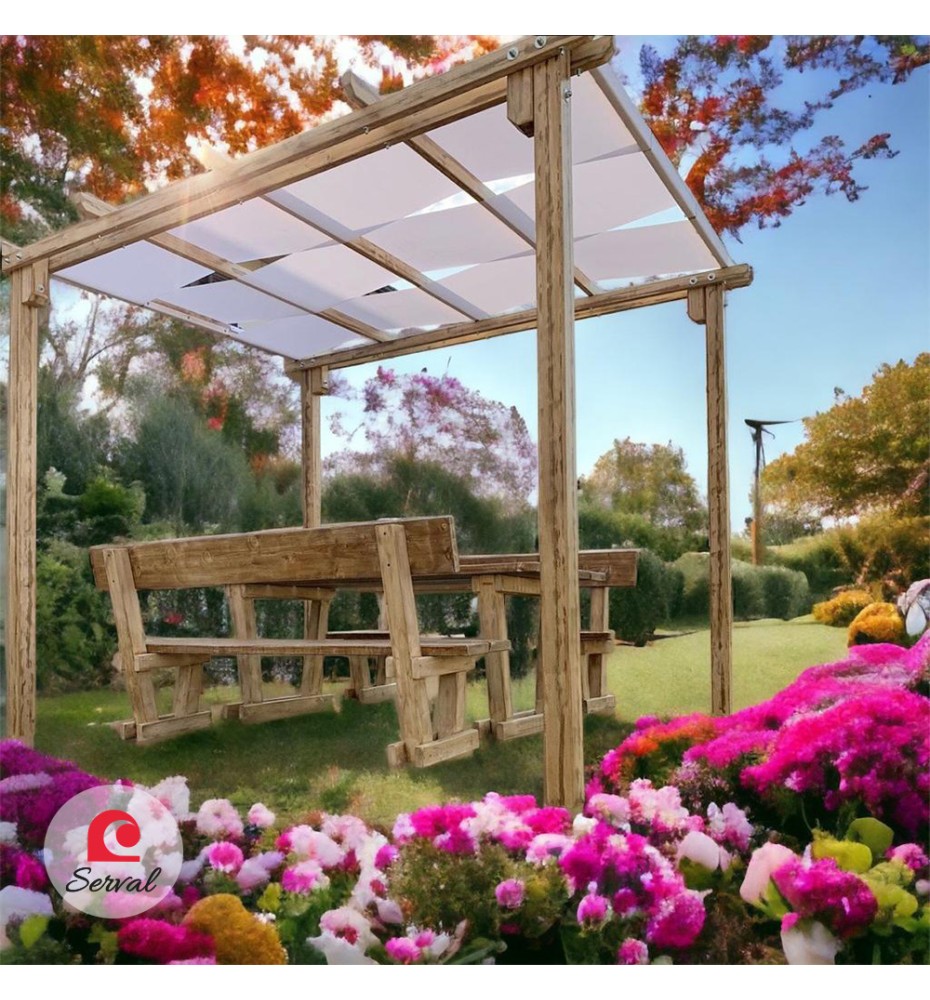 PERGOLA PARASOLE IN LEGNO MASSELLO CON TELO AD ONDA IMPERMEABILE - col. AVANA