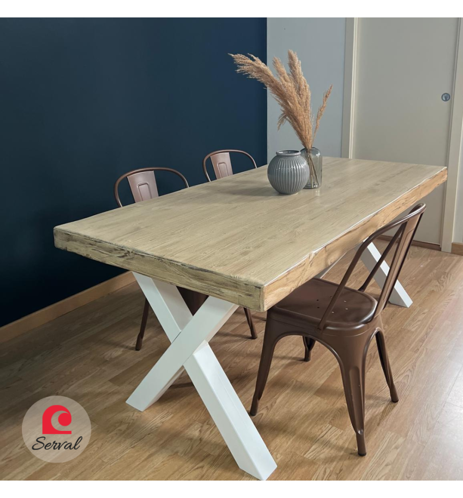TAVOLO IN LEGNO MASSELLO CON GAMBE A "X" IN FERRO mod. EMMA  col. BIANCO - AVANA