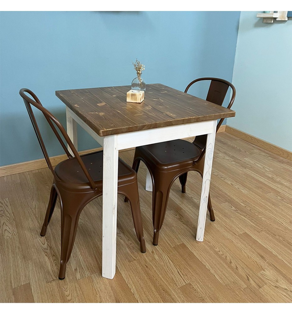 TAVOLINO RUSTICO QUADRATO IN LEGNO MASSELLO |BIANCO - TEAK