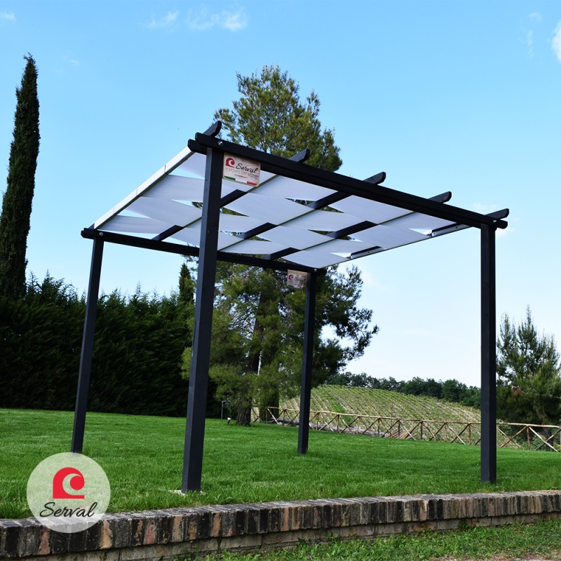 PERGOLA PARASOLE IN LEGNO MASSELLO CON TELO AD ONDA IMPERMEABILE col. ANTRACITE