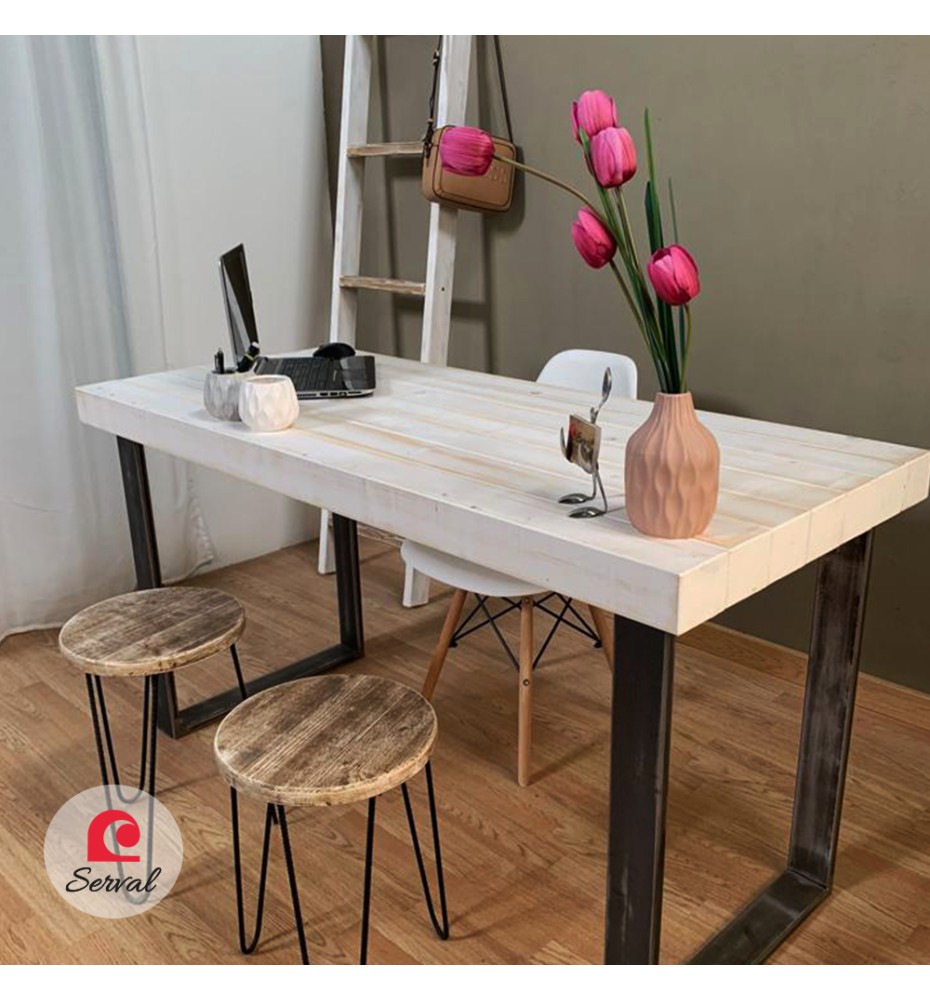 SCRIVANIA INDUSTRIAL IN LEGNO MASSELLO CON GAMBE IN FERRO mod. NEVIS col. COCCO VANIGLA